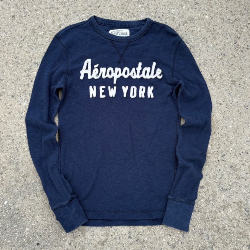 Y2K Aeropostale Womens XS Navy Blue Waffle Knit Thermal‎ Long Sleeve Shirt